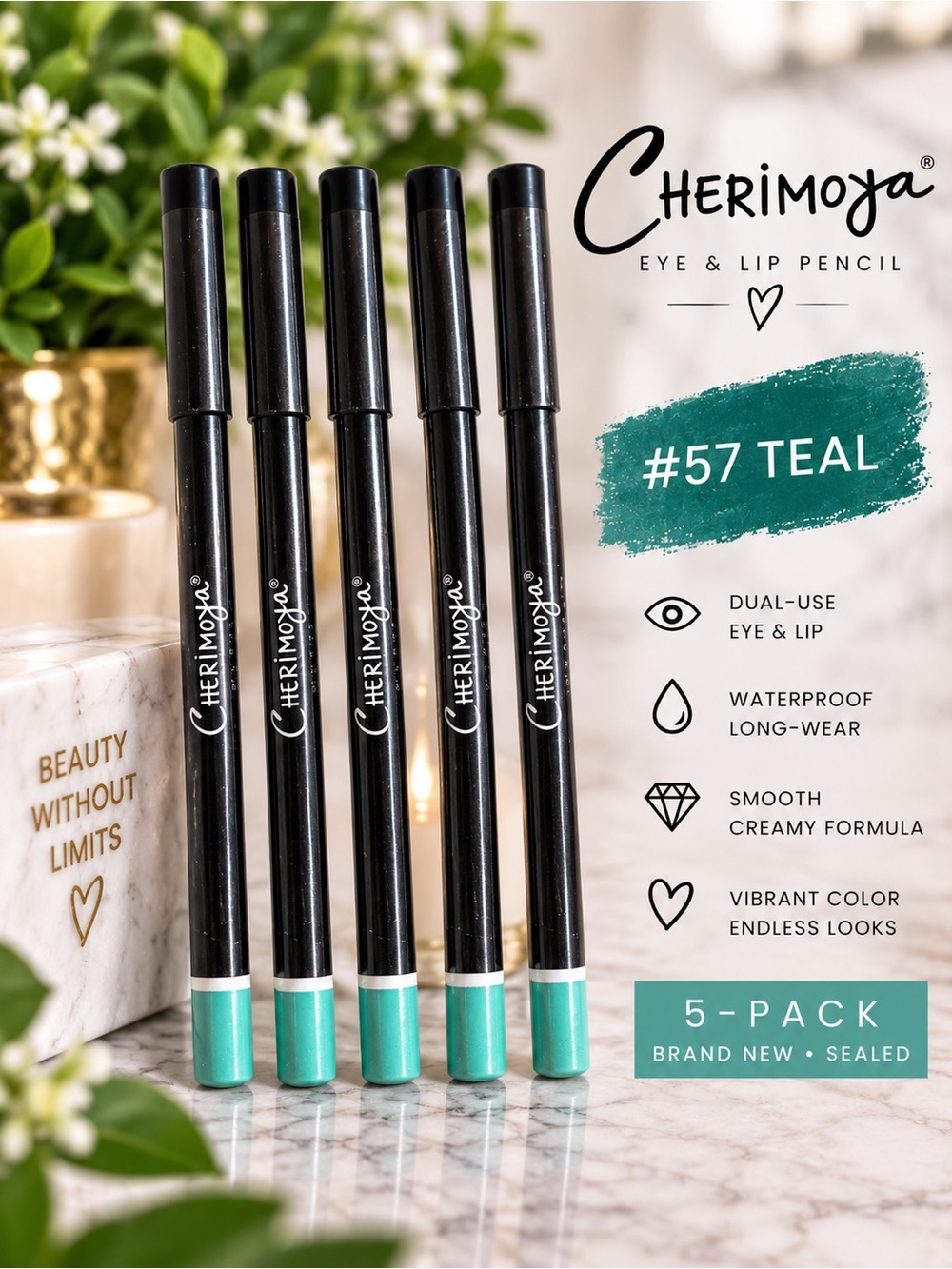 Cherimoya #57 Teal Eye & Lip Pencil 5-Pack Waterproof NEW Sealed